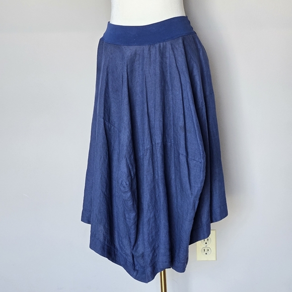 European Culture Linen Lagenlook Pull-on Navy Midi Asymmetrical Boho Skirt Small - Picture 3 of 11